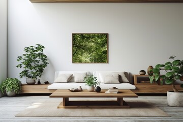 Minimalist Green Retreat: Wood Coffee Table in Modern Sunken White Space
