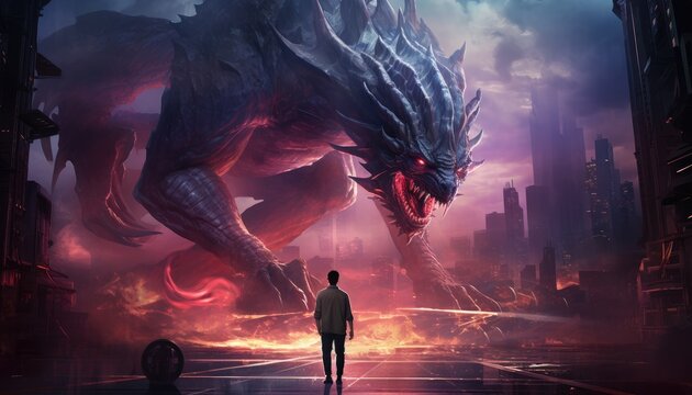 A man standing and looking at a giant dragon destroy a futuristic city,