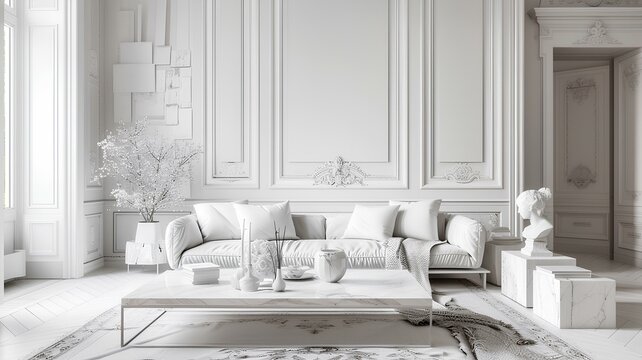 A pristine white living room adorned with a luxurious sofa, a marble coffee table, and mockup pictures exuding sophistication and class.