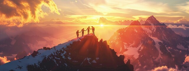 spectacular sunset landscape as a team of friends embarks on an outdoor adventure, supporting each other on the journey to reach the mountain top - obrazy, fototapety, plakaty