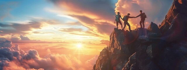 team of people united in outdoor adventure, climbing towards the mountain top in the glorious sunset scenery - obrazy, fototapety, plakaty