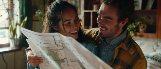 A couple shares a joyful moment over house plans, their laughter a testament to shared dreams and partnership