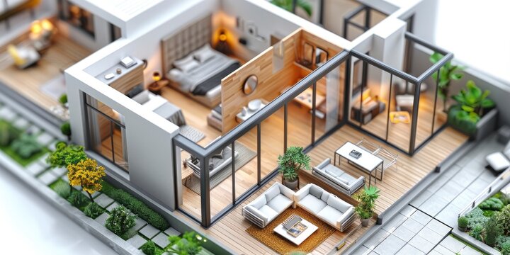 Architectural Floorplan with 3D Model of Cozy Small House