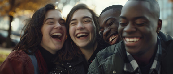 A group of friends burst into laughter, their shared joy creating an infectious atmosphere of youthful exuberance