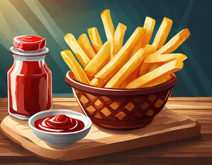 French fries with ketchup illustration.