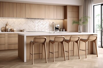 Nordic Design: Stylish Mosaic Tile Backsplash Kitchen with Wooden Cabinets and Contemporary Touch