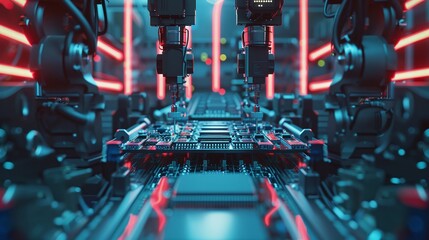 precision robot arms ensure quality control and component installation in automated circuit board assembly line at electronics factory