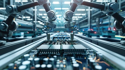 component installation and quality control of circuit board in fully automated PCB assembly line equipped with high precision robot arms at electronics factory