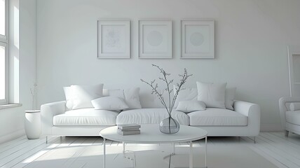 A serene white living room adorned with a plush couch, a sleek coffee table, and captivating mockup pictures on the wall, creating a cozy ambiance.
