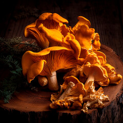 Chanterelles, delicious fresh orange forest mushrooms, close-up, healthy food - obrazy, fototapety, plakaty