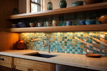 Mosaic Tile Minimalism: Inspiring Art Deco Kitchen with Wooden Cabinets and Colorful Ceramics