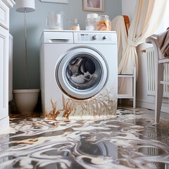 Washing machine breakdown, flood in the kitchen, an accident, an insured event, dirty water on the floor, an accident, breakdown, an unpleasant incident. - obrazy, fototapety, plakaty