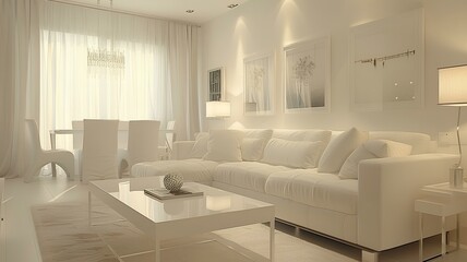 A serene white living room adorned with a plush couch, a sleek coffee table, and captivating mockup pictures on the wall, creating a cozy ambiance.