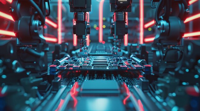 precision robot arms ensure quality control and component installation in automated circuit board assembly line at electronics factory