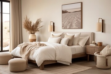 Fototapeta na wymiar Tranquil Oasis: Earthy Decor in Soft Beiges - Desert Retreat Neutral Color Palette Bedroom Designs