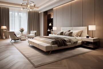 Neutral Color Palette Luxury Bedroom: Opulent Comfort with Plush Carpets and Modern Chandelier in a Lavish Villa Setting