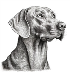Weimaraner, engraving style, close-up portrait, black and white drawing, cute hunting dog, favorite pet