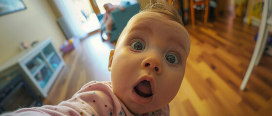 A baby's wide-eyed wonder fills the frame, a candid snapshot of pure curiosity and surprise - obrazy, fototapety, plakaty