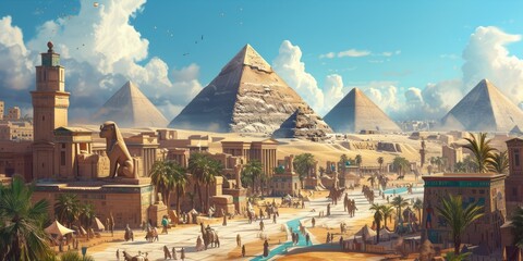 An ancient Egyptian city at the peak of its glory, with pyramids, Sphinx, and bustling markets....