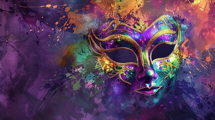 vibrant mardi gras digital watercolor background with abstract splash art for festive celebration and event decoration - obrazy, fototapety, plakaty