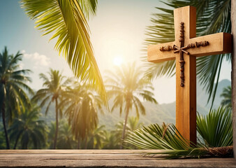 Palm sunday concept wooden christian cross on day time palm trees background