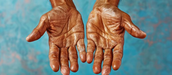 This close-up shot showcases the detailed texture of a persons hands, emphasizing prominent wrinkles caused by Palmoplantar keratoderma. The skin on the palms appears thickened, highlighting the