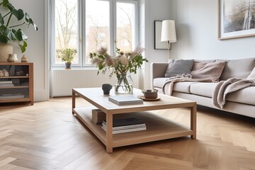 Nordic Chic Living Room: Herringbone Wooden Floor, Wooden Coffee Table, Stylish Decor & Rug