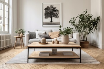Nordic Chic: Herringbone Wooden Floor Living Room with Wooden Coffee Table and Rug Decor