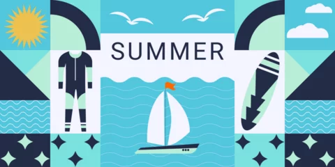 Fotobehang  Colorful geometric summer background. The concept of a summer vacation at sea.Yacht, sea, surfing. Suitable for banners, covers.Vector illustration. © Irina Gafarova