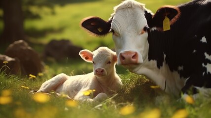 Obraz premium A Cow caressing its calf Generated AI photo