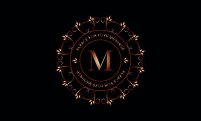 Monogram design template for one or two letters such as M with space for text in a circle. Logo identity for restaurant, hotel, heraldry, jewelry.