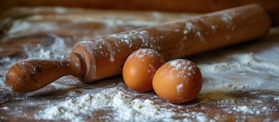 Three freshly baked doughnuts sit on a wooden table next to a well-used rolling pin. The scene suggests a recent baking session with flour and dough remnants scattered around.