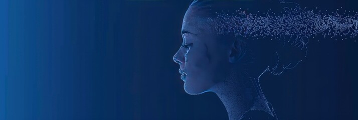 Minimalist Profile, Point Cloud Forming the Silhouette of a Woman, Set Against a Deep Blue Background
