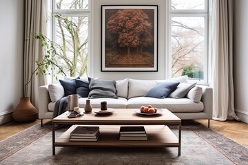 Modern Living Room with Oriental Rugs, Scandinavian Style Sofa, and Wooden Coffee Table