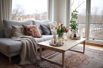 Oriental Rugs in a Modern Scandinavian Living Room with Wooden Coffee Table and Cozy Sofa