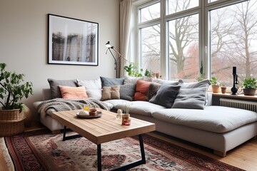 Modern Living Room: Oriental Rugs, Scandinavian Design, Wooden Coffee Table & Cozy Sofa