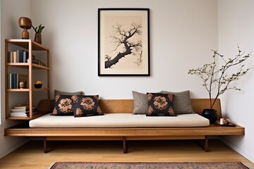 Contemporary Minimalist Room with Oriental Rug Style, Cozy Cushions, and Wooden Shelf