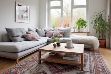 Modern Living Room with Oriental Rugs, Scandinavian Design, and Cozy Furniture Set