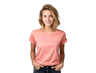 portrait of young woman smiling with her hands in pockets, cheerful and friendly girl