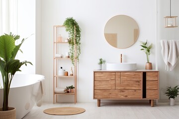 Fototapeta premium Rose Gold Accents: Chic Bathroom Oasis with White Walls, Green Plants, and Wooden Furniture