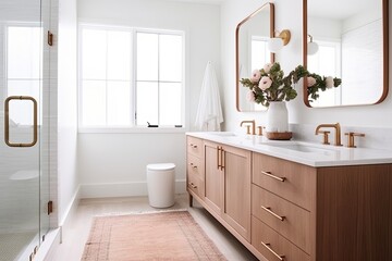 Fototapeta na wymiar Rose Gold Fixtures & Modern White Bathroom with Wooden Cabinet, Cozy Rug Accent