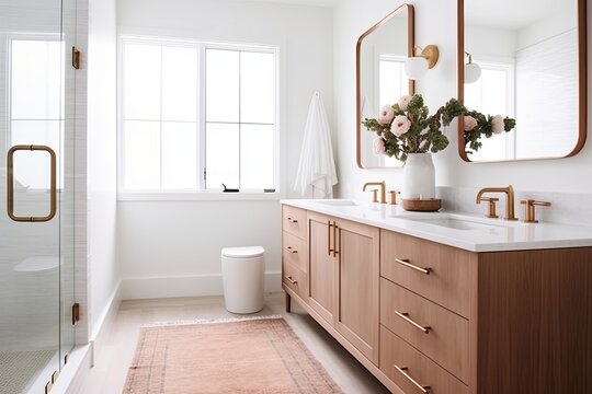 Rose Gold Fixtures & Modern White Bathroom with Wooden Cabinet, Cozy Rug Accent