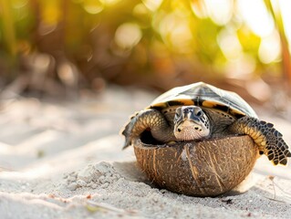Cute turtle in coconut shell on sandy beach