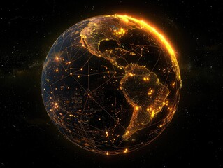 glowing planet with yellow network connecting cities on black background