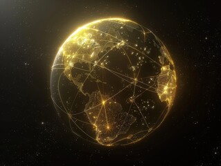 glowing planet with yellow network connecting cities on black background