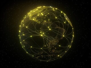 glowing planet with yellow network connecting cities on black background