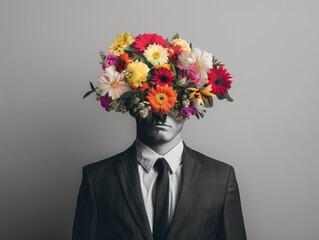 male in black and white suit with face covered in bouquet of colorful flowers against gray background