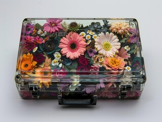A clear box filled with flowers
