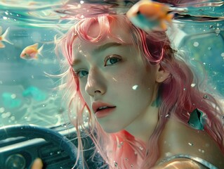 Surreal underwater car ride with pink-haired girl and fish