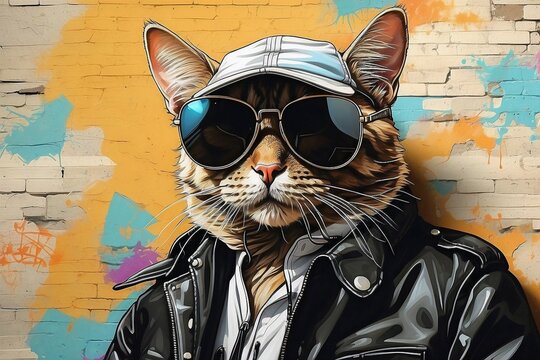  Gangster cat with classic aviator sunglasses and graffiti wall background 